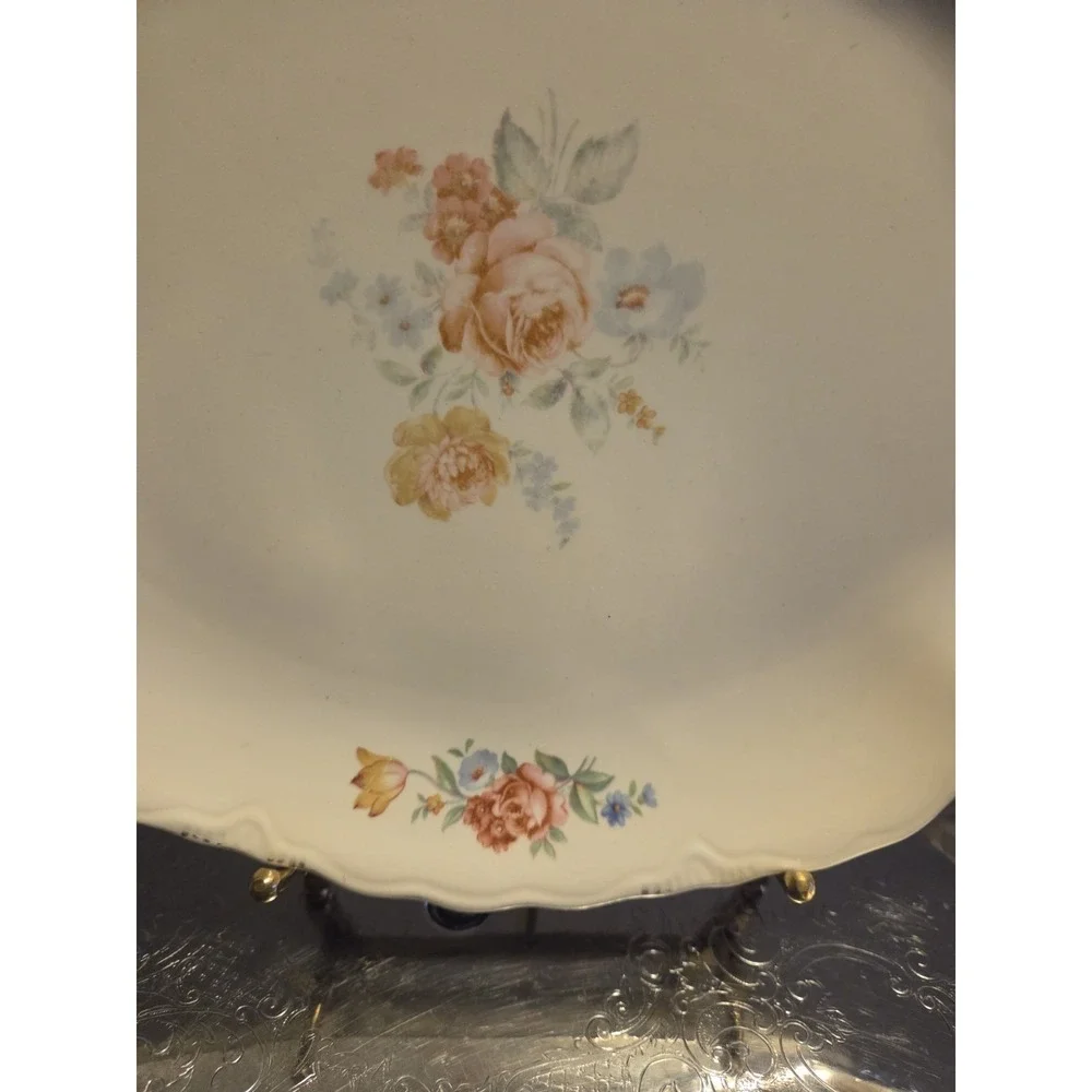 Vintage USA 12 X 9 Oval Serving Platter Pink Yellow Blue Flowers Gold Rim